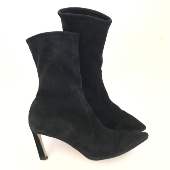 STUART WEITZMAN Black Suede Sock Boots Rapture Pointed Toe Size 8 Heels - Picture 2 of 16